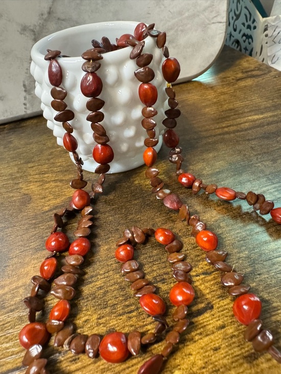 Hand Crafted Jewelry - Vintage Boho Natural Seed Necklace Red Sandalwood & Apple Seeds 44" No Clasp